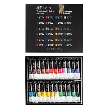 Imagem de Elan Conjunto profissional de tinta a óleo, 24 mini tubos de cores vibrantes 12 ml, tintas a óleo não tóxicas para pintura em tela, tintas de arte para adultos e artistas