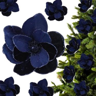Imagem de ZHANGBY 24 peças de enfeites de flores de poinsétia de veludo de Natal, magnólia artificial com glitter para decoração de árvore de Natal (azul escuro, 21 cm)
