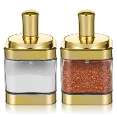 Imagem de Hpmjz 2 recipientes de vidro para condimentos, potes de especiarias douradas com tampas e colheres, conjunto de potes de tempero, caixa de sal, dispensador de açúcar para cozinha, sala de jantar