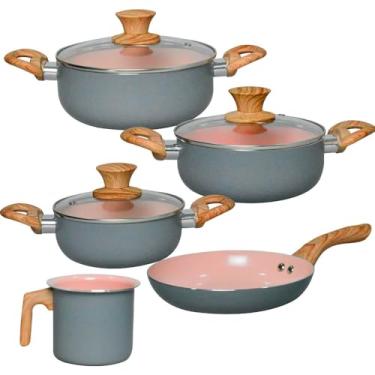 Imagem de Jogo de Panelas Antiaderente de Indução Revestimento Cerâmica Verona Cinza 5 Peças - Rio Home