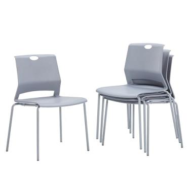 Imagem de Sidanli Conjunto de 4 cadeiras de sala de espera, cadeiras empilháveis cinza com costas, cadeiras empilháveis com pernas de metal
