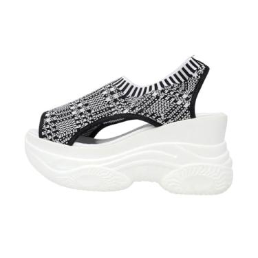 Imagem de Sandálias femininas plataforma de tecido de malha bico redondo salto alto casual praia lona superior para uso diário, Cinza, 36