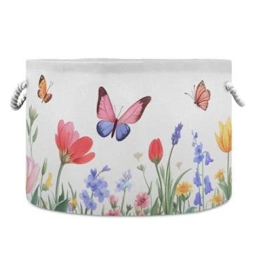 Imagem de JUZIHAI Cesta de armazenamento dobrável de borboletas silvestres cesto de roupa suja para bebês com alças de corda de algodão, caixa de brinquedos dobrável, organizador de armário para quarto