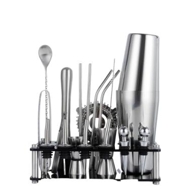 Imagem de 20 peças Conjunto de Coquetéis Shaker Kit Preparo Bebidas Mixer Aço Inoxidável com Base Suporte Mixers Profissionais Fer