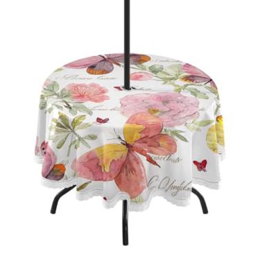 Imagem de Qilmy Toalha de mesa vintage borboleta redonda impermeável de 152 cm com orifício para guarda-chuva e zíper – uso externo / interno resistente para pátio, churrascos, piqueniques, festas (serve para
