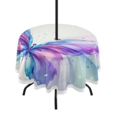 Imagem de Qilmy Toalha de mesa redonda impermeável borboleta aquarela de 152 cm com orifício para guarda-chuva e zíper – uso externo / interno resistente para pátio, churrascos, piqueniques, festas (serve para