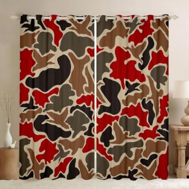 Imagem de Feelyou Duck Hunter Cortinas de caça camufladas vermelhas para quarto e sala de estar (2 painéis, 132 x 213 cm) cortinas blackout marrom preto camuflado exército 30%-50% escurecimento cortina blackout