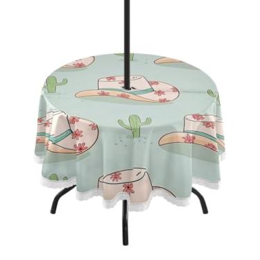 Imagem de Qilmy Toalha de mesa redonda impermeável de cacto caubói de 152 cm com orifício para guarda-chuva e zíper – uso externo / interno resistente para pátio, churrascos, piqueniques, festas (serve para