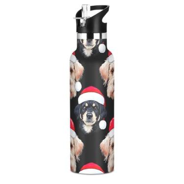Imagem de Garrafa de água isolada de aço inoxidável de 590 ml com tampa de canudo para bebidas frias ou quentes, cachorro fofo, Papai Noel, preto, à prova de vazamento, livre de BPA, copos de viagem para