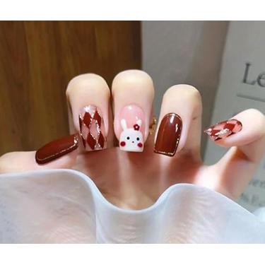 Imagem de Unhas quadradas de pressão, unhas macias de gel médio, 12 tamanhos – 24 kit de manicure falso, diamante vermelho e coelho branco