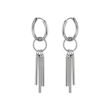 Imagem de Fuvirou Brincos punk de aço inoxidável com três barras geométricas pendentes pendentes de argola articulada para mulheres e homens brincos de pingente longo de aço inoxidável, Small, Metal, Sem pedra
