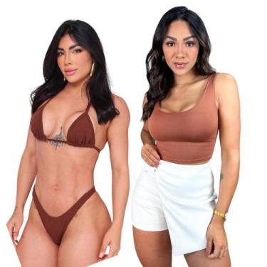 Imagem de Kit Top Cropped Regata + Biquini Cortininha fio dental Cor:MarromTaman