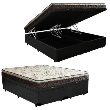 Imagem de Cama Box Baú Queen Sintético Bipartido + Colchão Elegance Ortopédico Espuma D33 63x158x198 preto