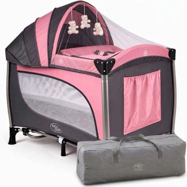 Imagem de Berço de Bebê Portátil Função Balanço com Capota Mosquiteiro e Caixa Musical Vibratório Dobrável Rosa
