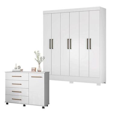 Imagem de Cômoda e Guarda Roupa Casal Flora Verso 7 Portas Giratórias 6 Gavetas em MDP Moderno Br...