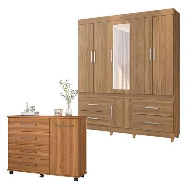 Imagem de Cômoda e Guarda Roupa Casal Flora Guarujá 7 Portas 8 Gavetas em MDP com Espelho Amêndol...