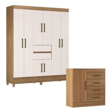Imagem de Cômoda e Guarda Roupa Casal Montevidéu Munique 8 Portas 6 Gavetas em MDP 162 cm Amêndoa...