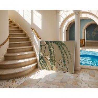 Imagem de Quadro Decorativo Árvore das Flores de Neve Retangular 60 X 90 em Canvas com Moldura de Madeira Branca