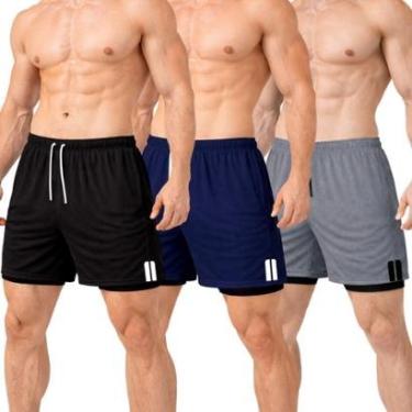 Imagem de Kit 3 Short Treino Térmico 2 em 1 com Bolso Porta-Toalha Calção Fitness Academia-Masculino