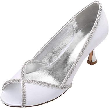 Imagem de Vestido feminino Peep Toe strass salto gatinha sapatos de noiva slip on pump festa noite, Branco, 10