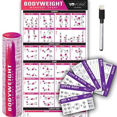 Imagem de Pôsteres de treino Yoyork para treinamento de haltere – pôster de ginástica doméstica laminado com 10 cartões de treino para peso livre, exercício de musculação – 43 x 114 cm, Bodyweight Training Poster