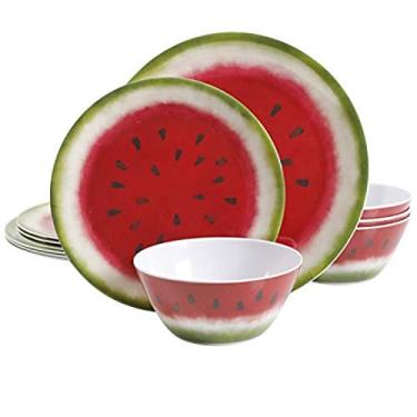 Imagem de Gibson Home Conjunto de louça de melamina redonda melonia, serviço para quatro (12 peças), vermelho