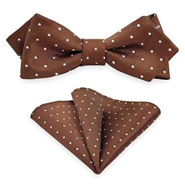 Imagem de Houndstooth Gravata borboleta com bolso quadrado, gravata borboleta masculina com lenço para smoking formal ou festa de casamento M-S-SB2, Café/marrom com bolinhas brancas, tamanho �nico