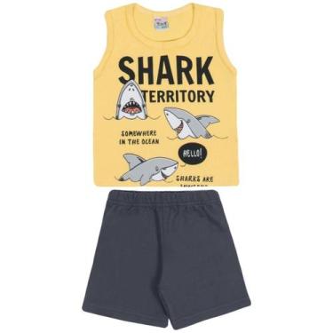 Imagem de Conjunto Curto Bebê Camiseta Regata Amarelo Estampada Tubarão E Shorts