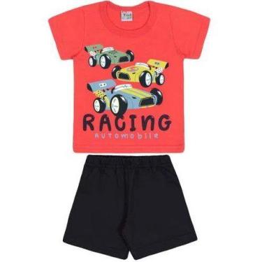 Imagem de Conjunto Curto Bebê Camiseta Vermelha Estampada Carro E Shorts Em Mole