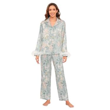 Imagem de GuoChe Pijama de cetim feminino de seda macia conjunto feminino casual para, dormir P flor natureza, Natureza floral, G