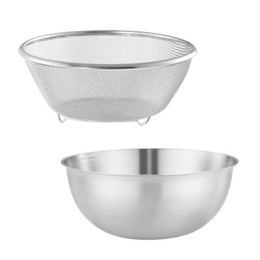 Imagem de Escorredor e tigela de mistura de aço inoxidável de 3,7 litros com escala, tigela grande de metal para coador de alimentos, malha fina para lavar na cozinha, frutas, legumes, arroz, macarrão, assar,