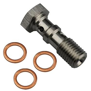 Imagem de KRD PERFORMANCE Parafuso de aço inoxidável universal M10x1.0 rosca métrica turbo freio linha banjo parafuso com arruelas de cobre M10, parafuso duplo banjo 38 mm de comprimento