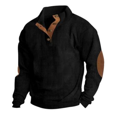 Imagem de Pulôver masculino de veludo cotelê com cotovelo remendado, camisa Henley com botão de manga comprida, gola simulada vintage, top externo (Color : Black, 32-33, 3435, 36-37, 38-39, 40-41, 42-43