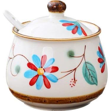 Imagem de KKGUD Lindo açucareiro pintado à mão, pote de tempero, pote de condimento de cerâmica para decoração de cozinha de restaurante - padrão floral vermelho, 320 ml