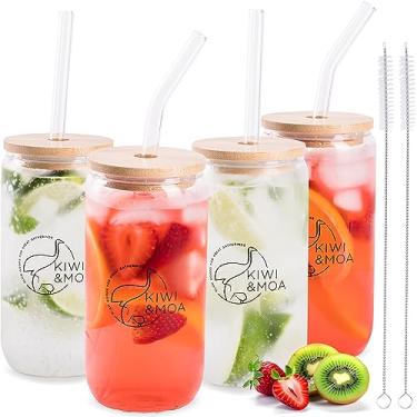 Imagem de Drinking Glasses 16oz, with Bamboo Lids and Glass Straws, Set of 4, for Mixed Drinks, Cocktails, Beer, Iced Coffee, Iced Tea, Fresh Juice, Smoothies, Parties/Gifts - Includes 2 Straw Cleaning Brushes