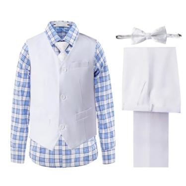 Imagem de Conjunto de colete e calça de smoking formal slim fit para adolescentes, roupas de casamento com gravata e gravata borboleta, Camisa xadrez branco-azul, 16