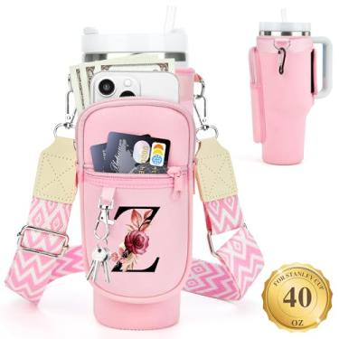 Imagem de LOKASS Suporte de garrafa de água personalizado com alça para acessórios Stanley Cup Tumbler de 1,134 g, bolsa de transporte inicial para garrafa de água com bolso para telefone, para mulheres, ideal