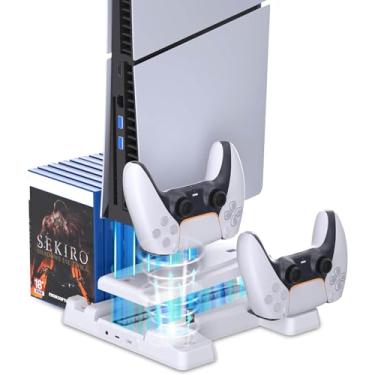 Imagem de Estação de carregamento para suporte PS5/PS5 Slim com estação de resfriamento e estação de carregamento de controlador, base para PS5/PS5 Slim - Branco