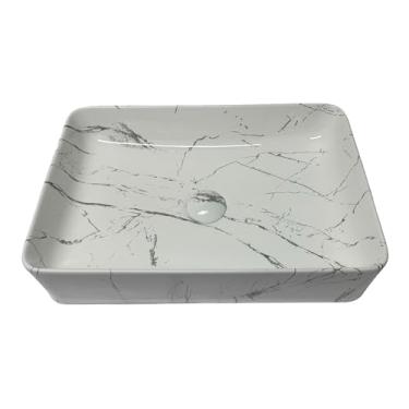 Imagem de Faucys Pia de vaso retangular - cerâmica de mármore fosco de 50,8 cm x 35,5 cm com ralo pop-up incluído (mármore fosco branco)