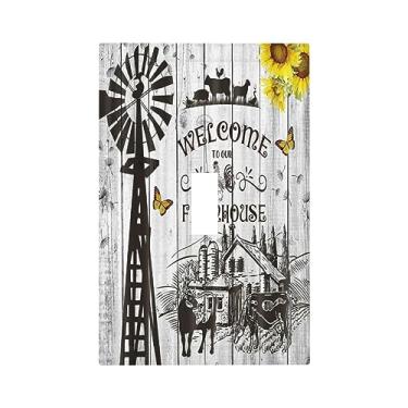 Imagem de Moinho de vento rústico casa de fazenda interruptor único interruptor de luz decorativa porta de celeiro girassol borboleta placa de madeira 1 gangue placa de parede país vintage vaca fazenda placa de interruptor elétrico para banheiro