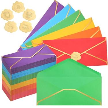 Imagem de Jetec Envelopes coloridos para correspondência comercial nº 10 com borda dourada e adesivos dourados, envelopes tamanho carta padrão para formatura, convites de casamento, escritório e notas fiscais