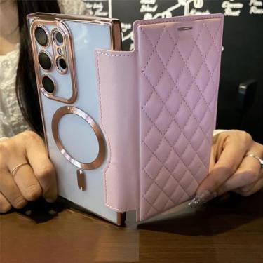 Imagem de Capa Flip Cover Plating Magnetic Clear Case para Samsung S24 Ultra S23 FE S22 Plus A55 A35 A15 Slot para cartão Carteira Capas de couro, rosa, para S24
