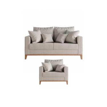 Imagem de Kit Sofá e Poltrona Decorativo Beni 1,60cm Beni Base Madeira Linho Beg