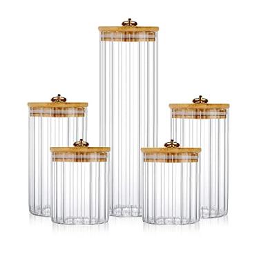 Imagem de FANTESTICRYAN Conjunto de 5 potes de armazenamento de vidro, recipiente decorativo de barra de café com tampa de bambu hermética anel de metal para armazenamento de doces, biscoitos, macarrão, nozes,