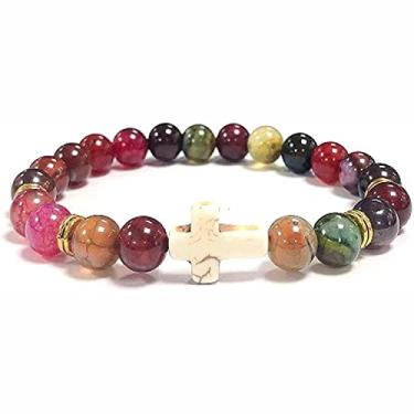 Imagem de Azusa Sun Pulseira elástica de contas de pedra natural com cruz religiosa para mulheres homens 8 mm malaquita turquesa ágata cruz elástica oração pulseira amizade dia dos namorados joia de aniversário - azul, 1pc, Ligas, Sem pedras preciosas
