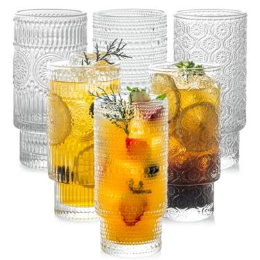 Imagem de POLIDREAM Conjunto de 6 copos vintage para beber, copos Art Déco de 473 ml, guerra de vidro à moda antiga em relevo, combinação única, estilo padrão empilhável com contas Hobnail e em relevo