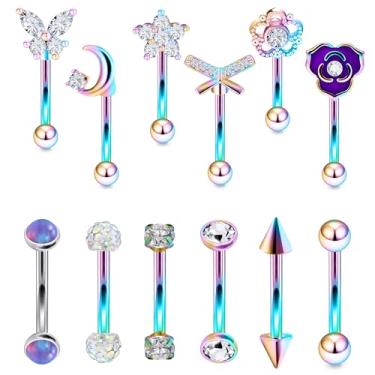Imagem de Vsnnsns 16G Rook Daith Piercing Joias Aço Cirúrgico 8 mm Barra Curva Sobrancelha Anéis Helix Tragus Barbelly Lip Rings CZ Piercing Kit de Joias Cartilagem Daith Rook Brincos para Mulheres Homens 12 peças, Metal Cristal Strass, Cristal