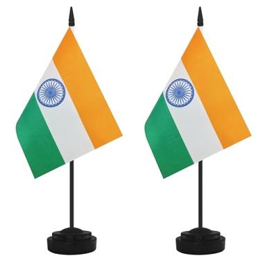 Imagem de Conjunto de 2 bandeiras de mesa da Índia, mesa indiana, pequena mesa em miniatura, bandeira de escritório com mastro preto de 30 cm e base preta, escritórios, sala de aula, casa, decoração de festival