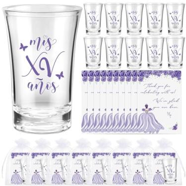 Imagem de Havawish Lembranças de festa de quinze anos para convidados Quinceanera Copos de tiro de acrílico transparente cartões de agradecimento com sacos de organza Mis Quince Anos Sweet 15 lembrancinhas de