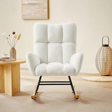 Imagem de SPOFLYINN Cadeira de balanço Teddy Poltrona estofada com encosto alto com pernas de madeira para sala de estar quarto sala de jogos branca tamanho único